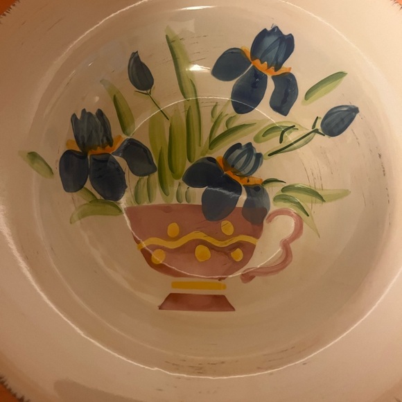 Floral Ceramic Bowl with Blue Iris Design - Picture 2 of 7